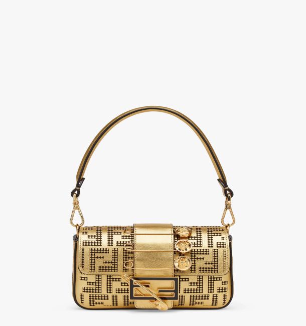 Fendi Mini Baguette Spille Сумка Fendace из перфорированной кожи золотистого цвета