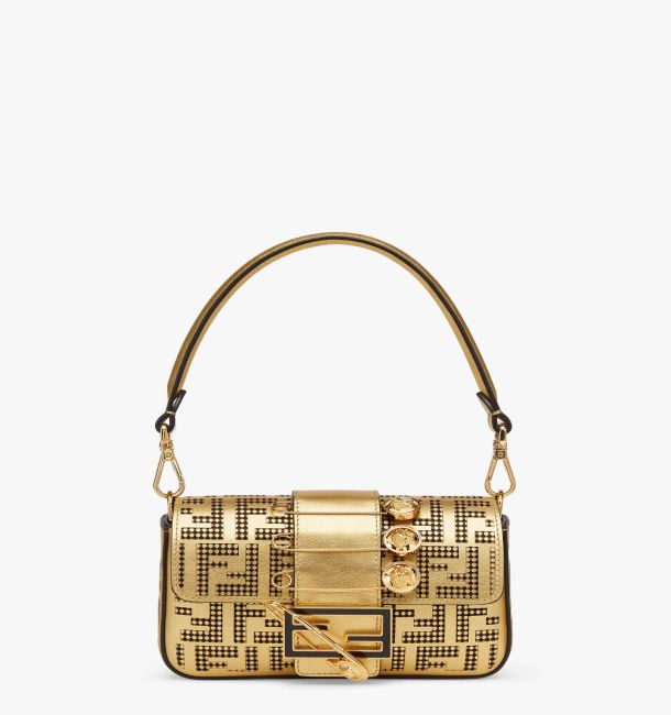 Fendi  Mini Baguette Spille Сумка Fendace из перфорированной кожи золотистого цвета